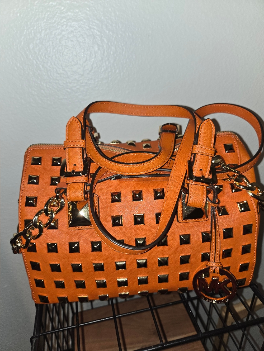 Michael Kors Orange Studded Leather Satchel with Gold Hardware